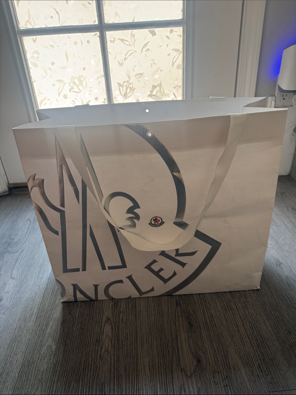 Moncler White Shopping Bag with Black Logo Print